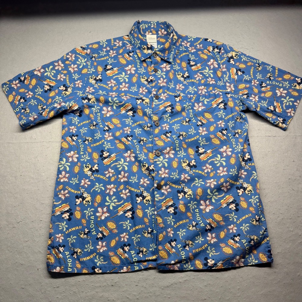 Disney Store Shirt Mens S Blue Mickey Mouse Hawaii Aloha Tropical Button Down